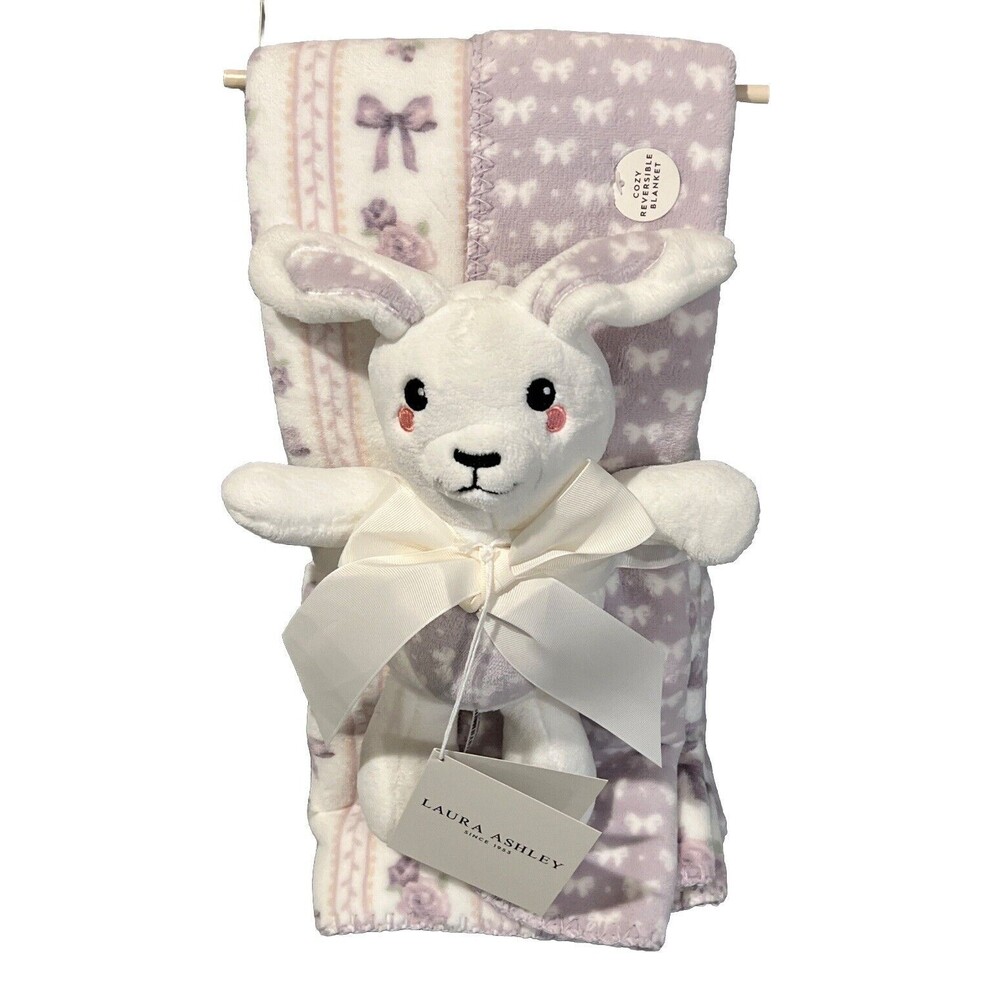 Laura Ashley Bunny Lilac Baby Blanket Roses Bows Plush Lovey Toy Gift Set Purple